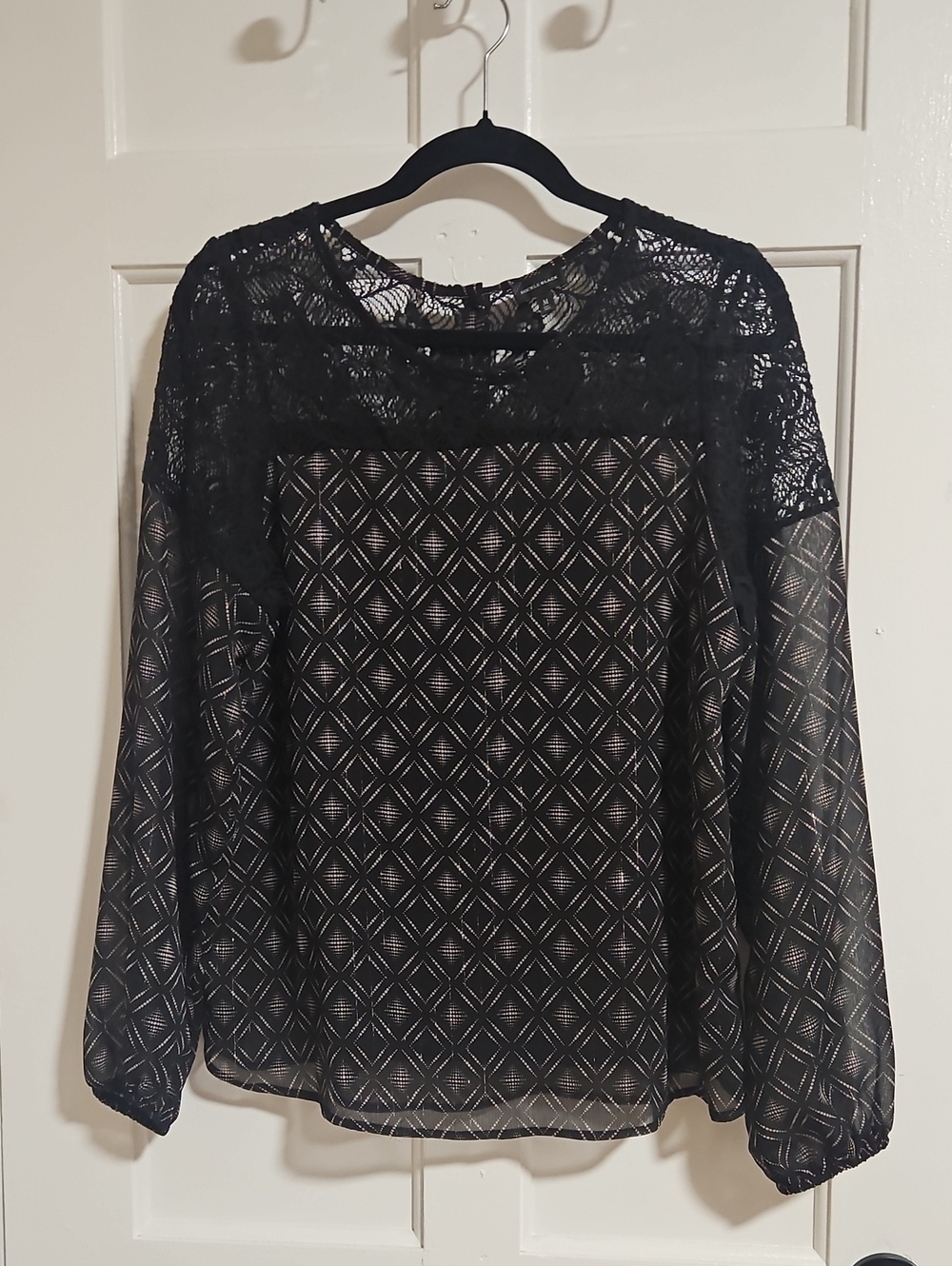 Buckle Black Lace Yoke Sheer Geometric Blouse